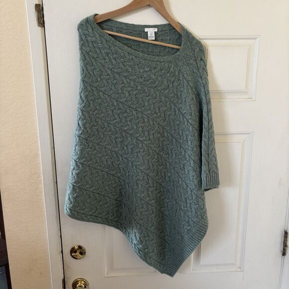 J Jill Womens Poncho Bohemian Peasant Asymmetrical Knit Sweater Green One Size - Picture 2 of 8